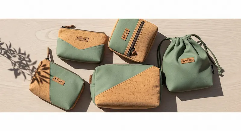 Sustainable cosmetic bags made from cork and RPET materials in trendy earth colors.