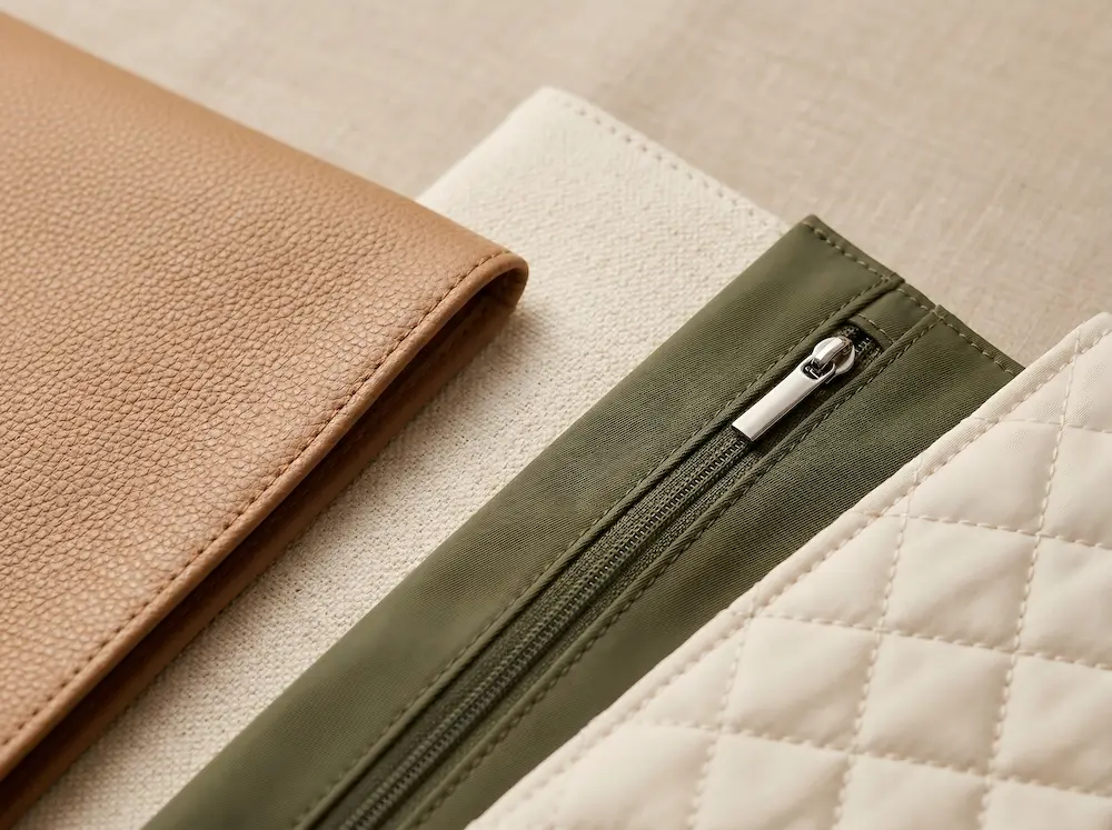 Close-up of PU, canvas, nylon, and quilted fabric details for custom cosmetic bags