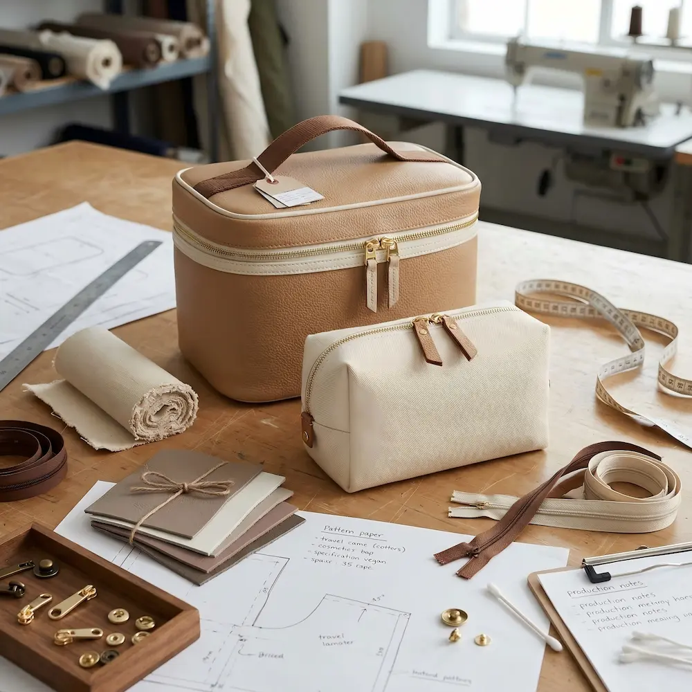 Custom cosmetic bag samples in a real factory development workspace with materials, zipper accessories, and production notes.