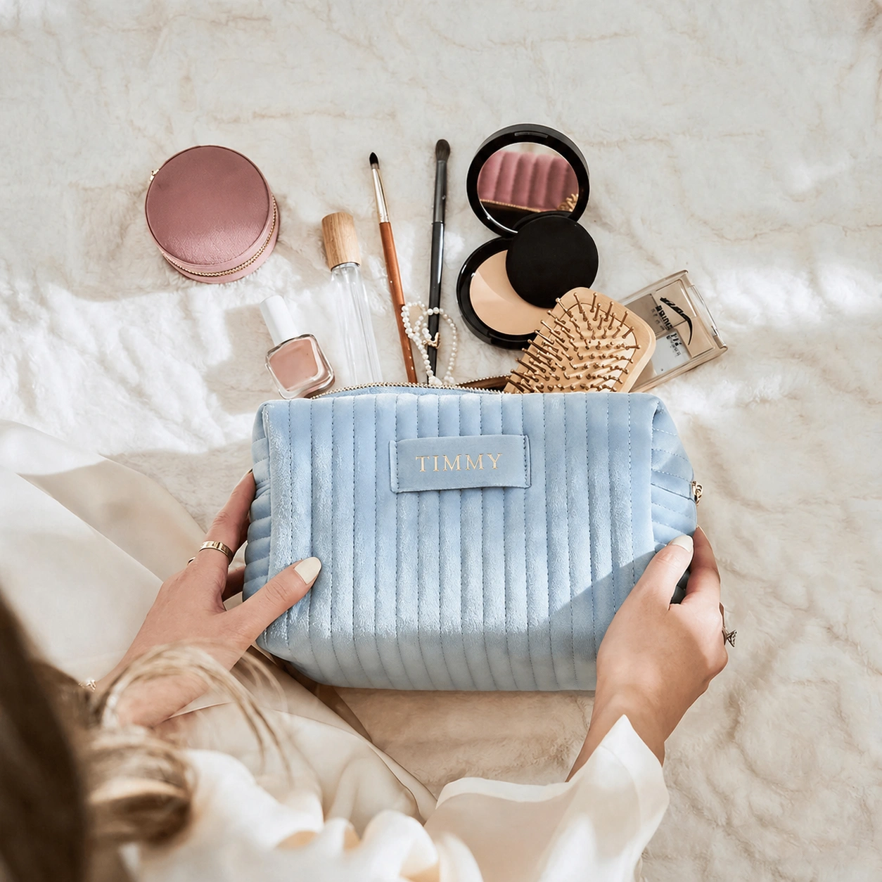 Quilted Velvet Women Trapezoid Cosmetic Bag Set