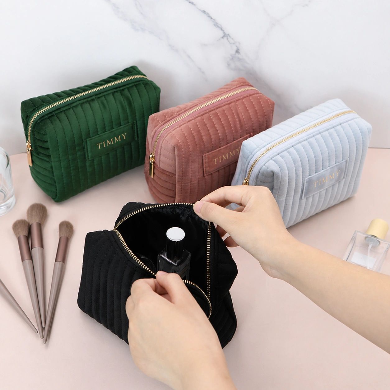 Quilted Velvet Women Trapezoid Cosmetic Bag Set