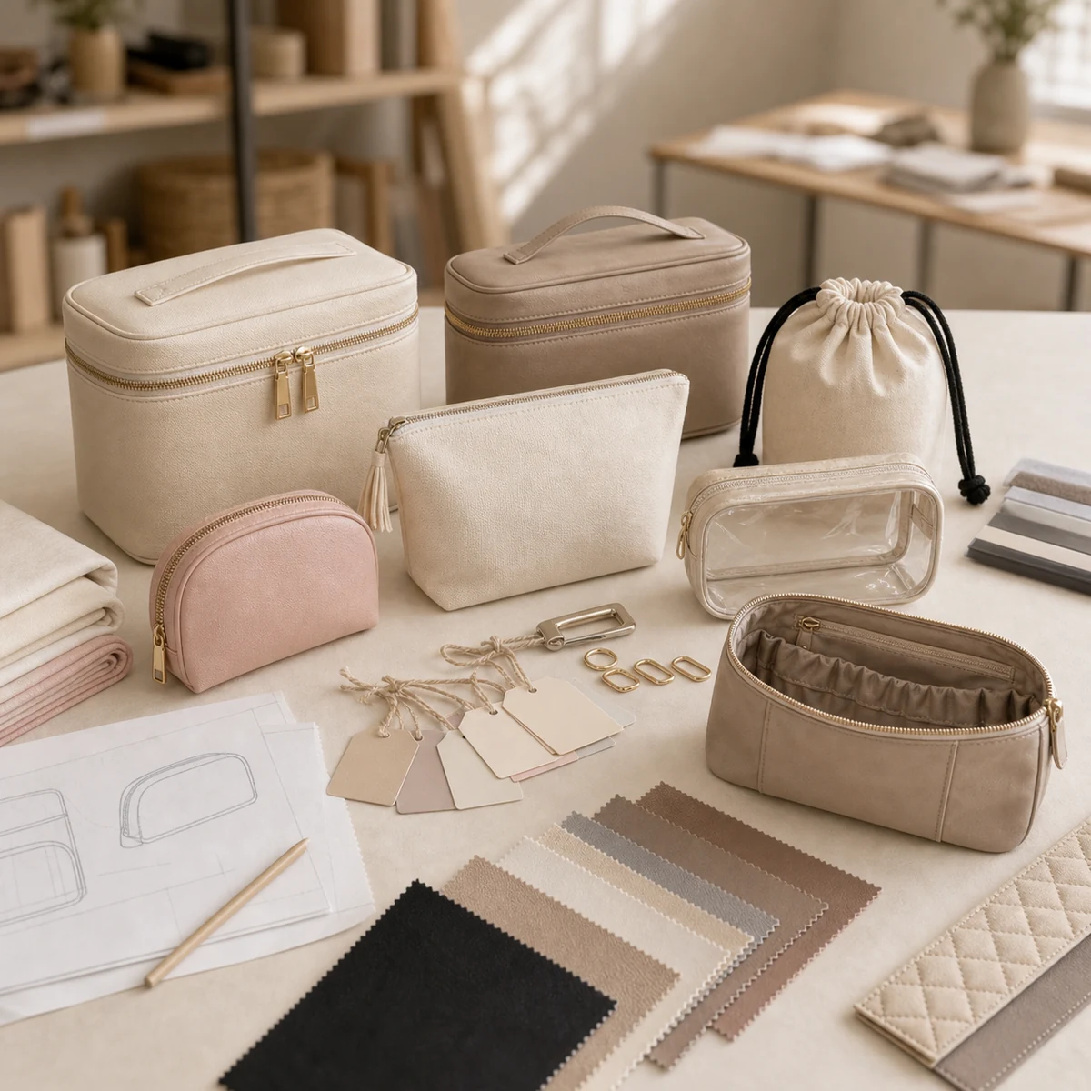 Custom cosmetic bag samples in a real factory development workspace with materials, zipper accessories, and production notes.