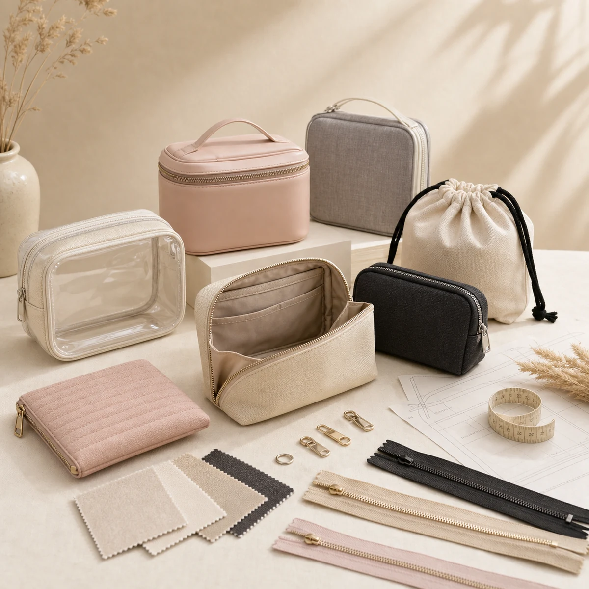 Custom cosmetic bag manufacturing samples with materials zippers and hardware