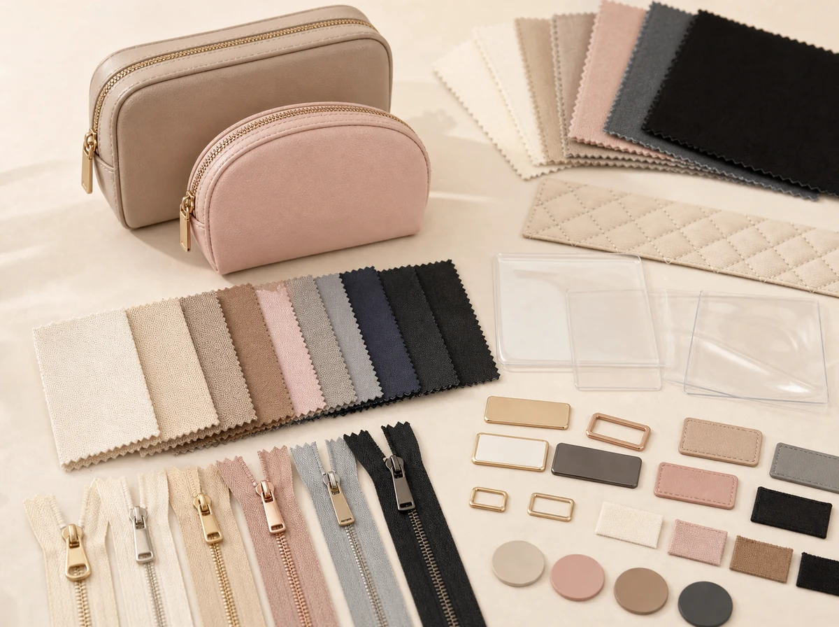 Cosmetic bag material swatches zipper tapes hardware and blank branding samples