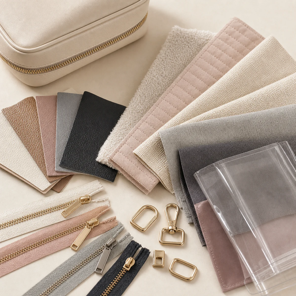 Cosmetic bag material review with swatches zipper tapes and hardware