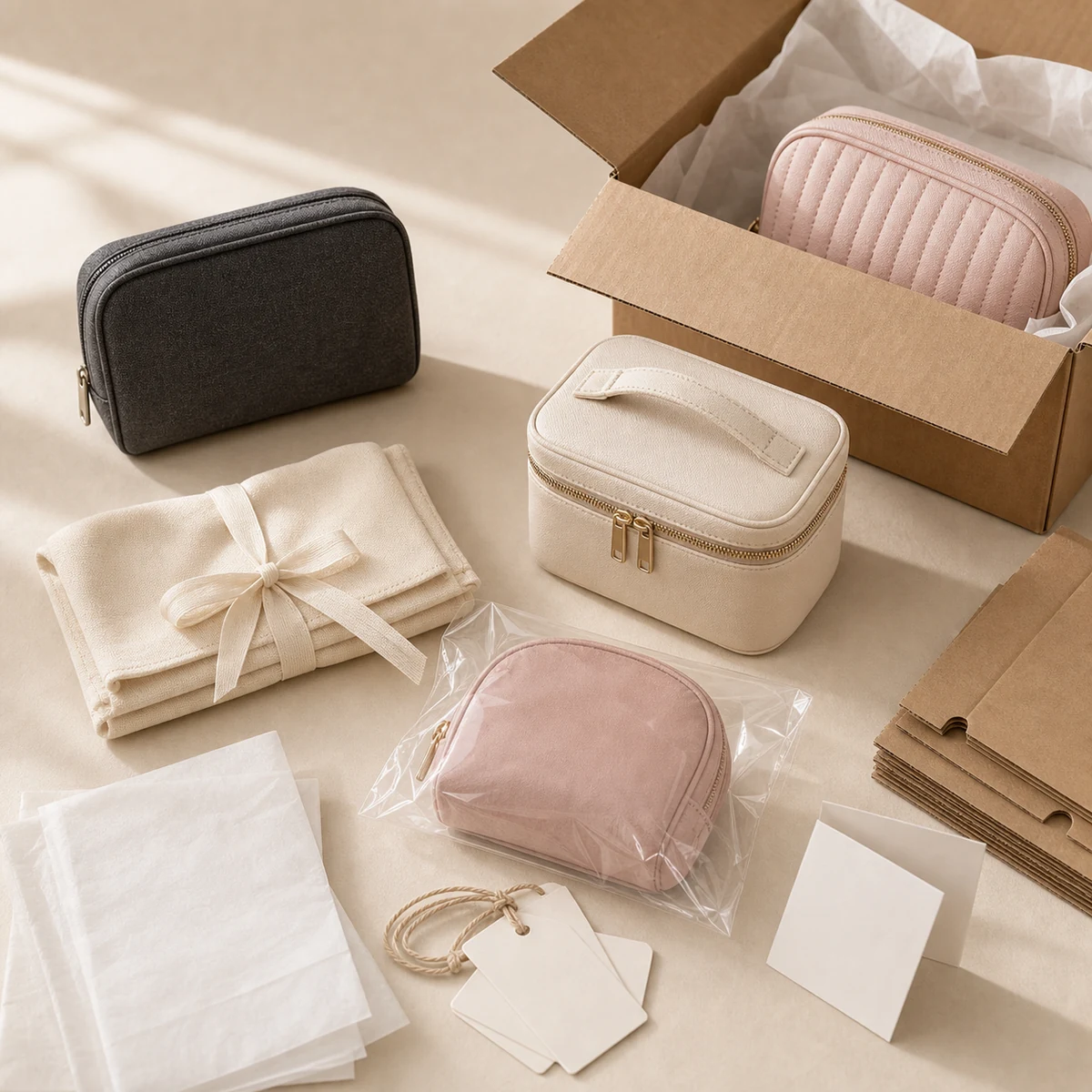 Cosmetic bag packing inspection with finished pouches tissue paper and carton materials