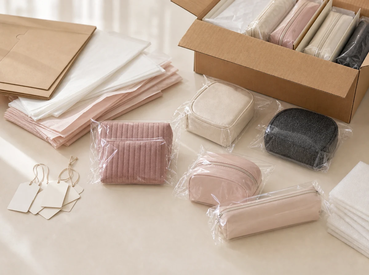 Finished cosmetic bags prepared with tissue paper protective bags and carton packing