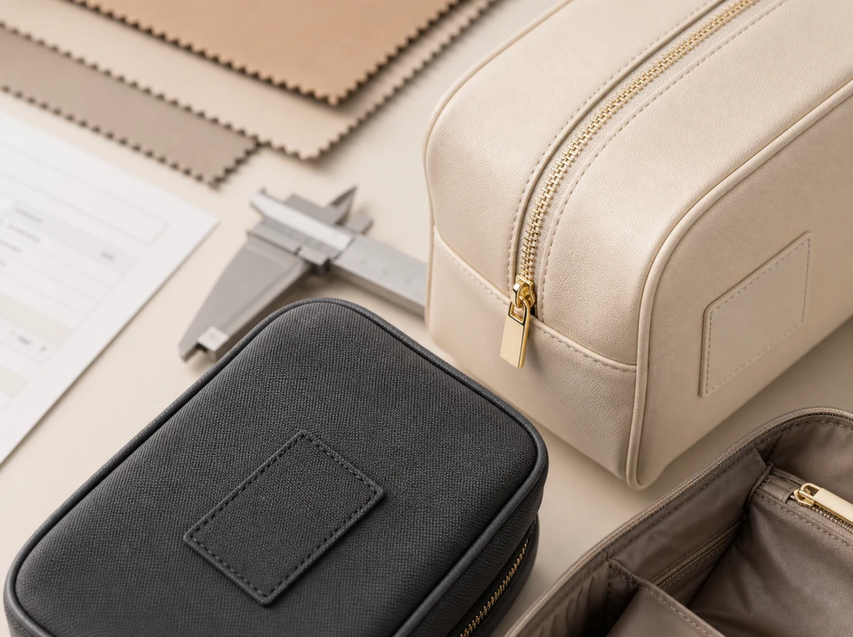 Cosmetic bag quality inspection close-up with stitching zipper and edge details