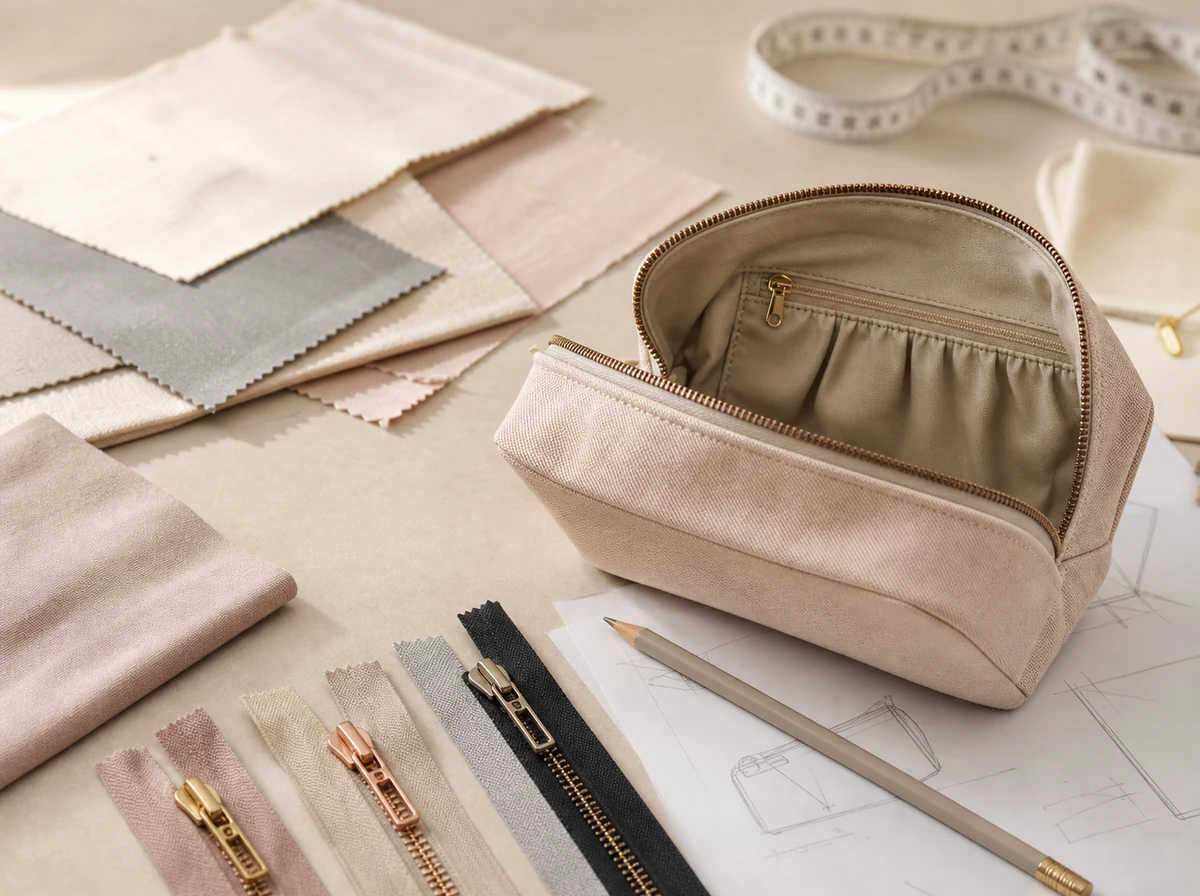 Open cosmetic bag sample with lining zipper details and development materials
