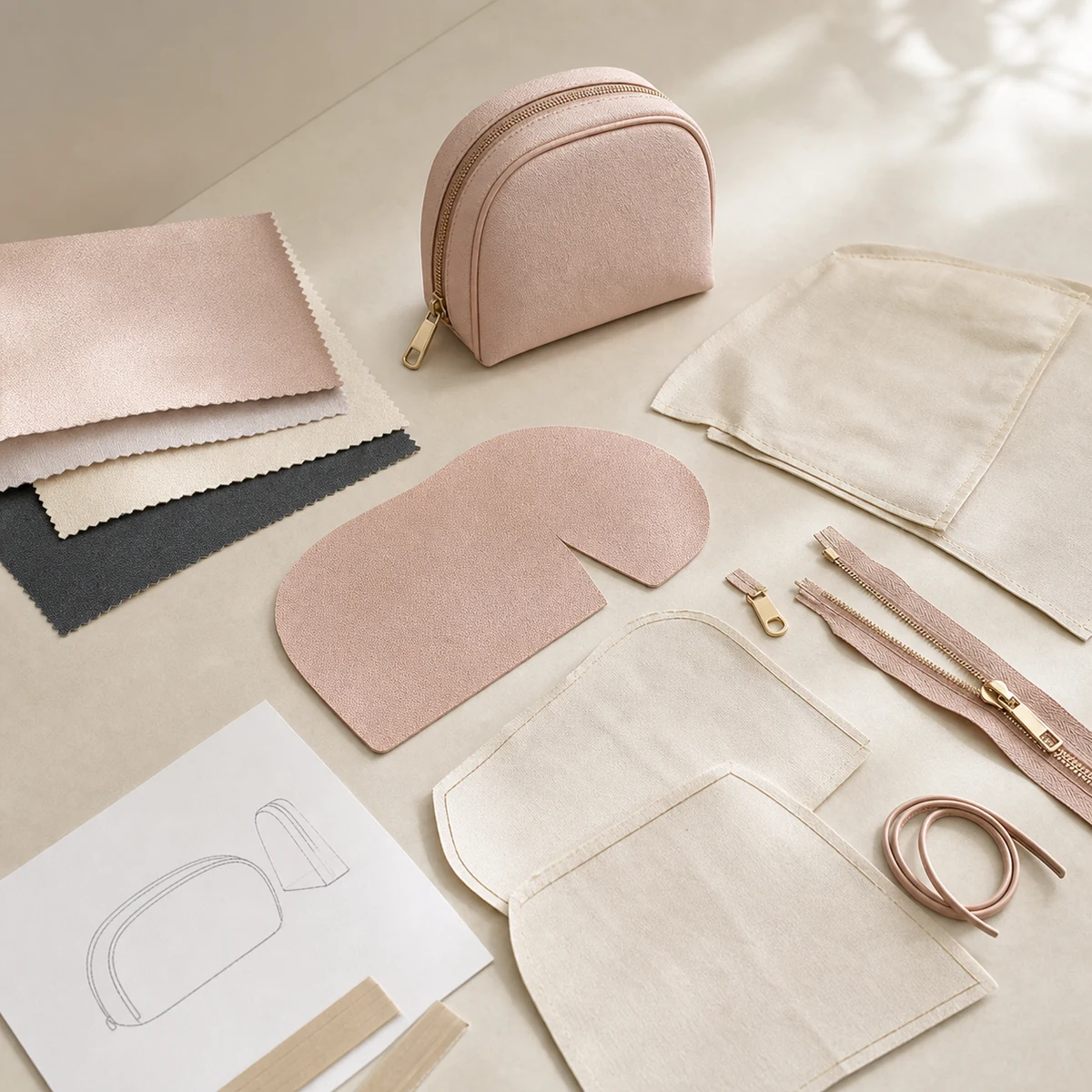 Cosmetic bag sample preparation with cut panels lining zipper and pouch parts