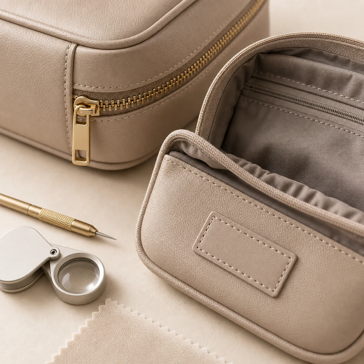 Close-up workmanship check for cosmetic bag stitching zipper and edge finishing